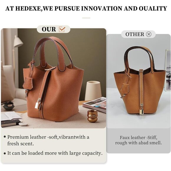 Elegant Women's Leather Bucket Bag - Versatile Travel Purse with Lock Closure - Picture 2 of 7